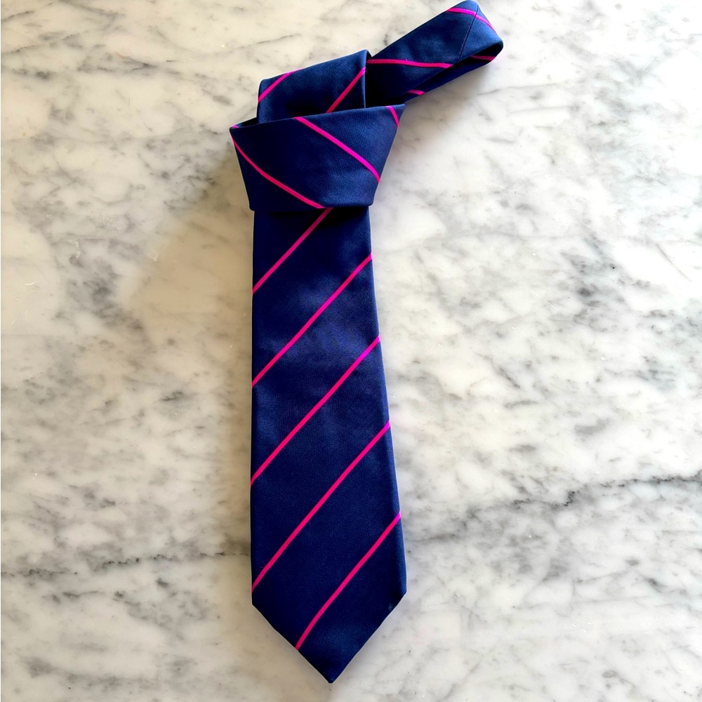 Mens silk tie in rich blue and hot pink stripes 3 1/4” wide